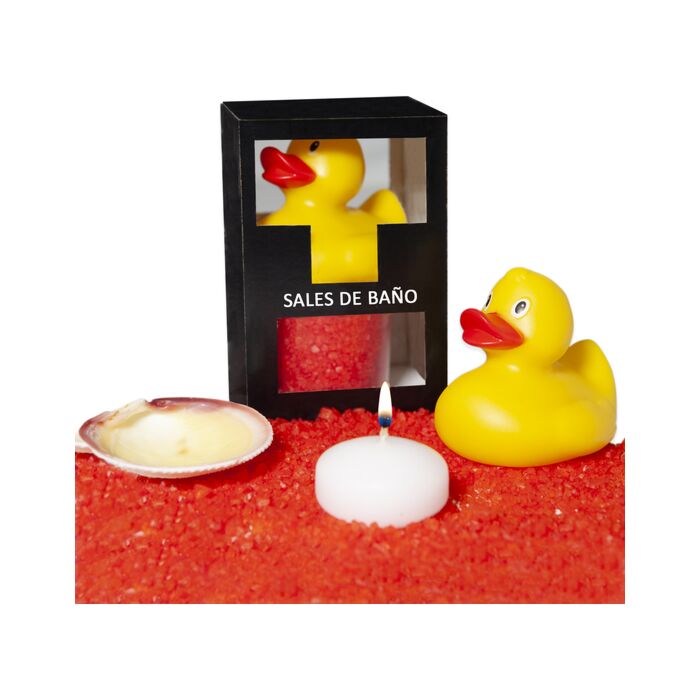 Conjunto de sais de banho frutos vermelhos 150g com pato de banheira, vela aromática e concha.