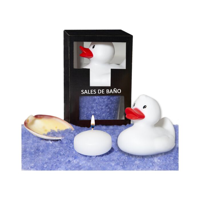 Conjunto de sais de banho lavanda 150g com pato de banheira, vela aromática e concha.