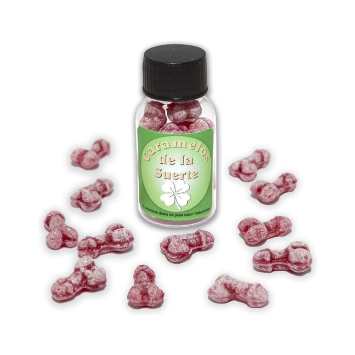 Caixa de 12 doces em forma de pênis da sorte sabor morango-cereja 25g