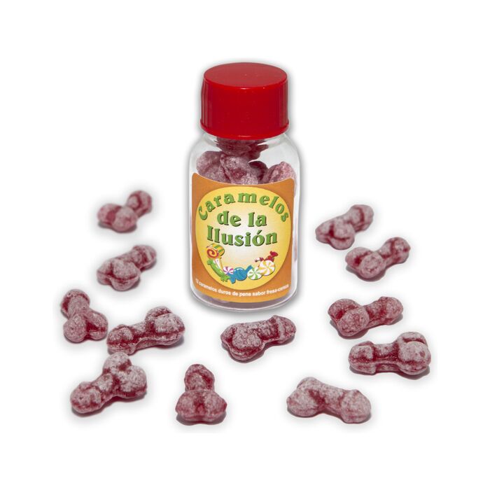 Frasco de 12 doces de pênis ilusório sabor morango-cereja 25g
