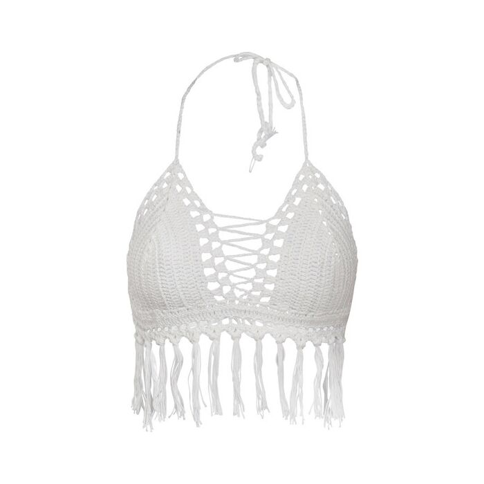 Biquíni branco de franjas entrelaçadas - Sem copa - Sem aros - Laço - Design sexy