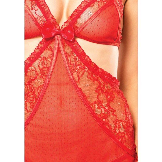 Leg Avenue set 2 peças chemise tipo avental com fita de cetim e tanga vermelha