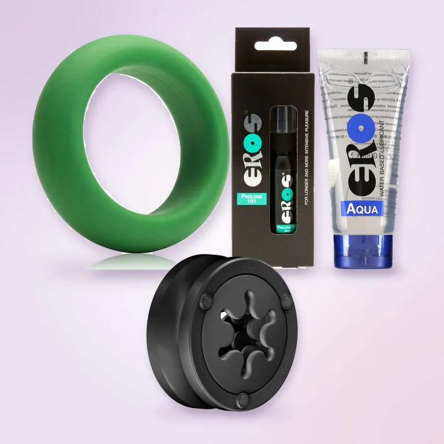 O masturbador Fun Factory IKU FLEX, o anel Je Joue, o spray Eros Prolong 101 e o lubrificante EROS Aqua
